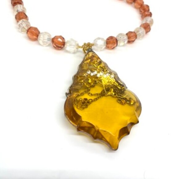 VINTAGE CZECH STYLE WHIMSYGOTH AMBER ACRYLIC FILIGREE NECKLACE FANTASY - Picture 14 of 16